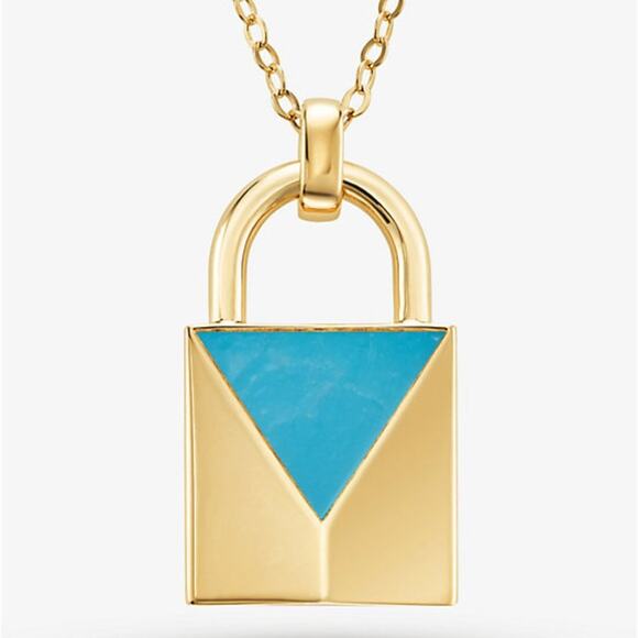 MICHAEL KORS 14K Gold-Plated Sterling Silver Turquoise Large Lock Necklace - Picture 1 of 10